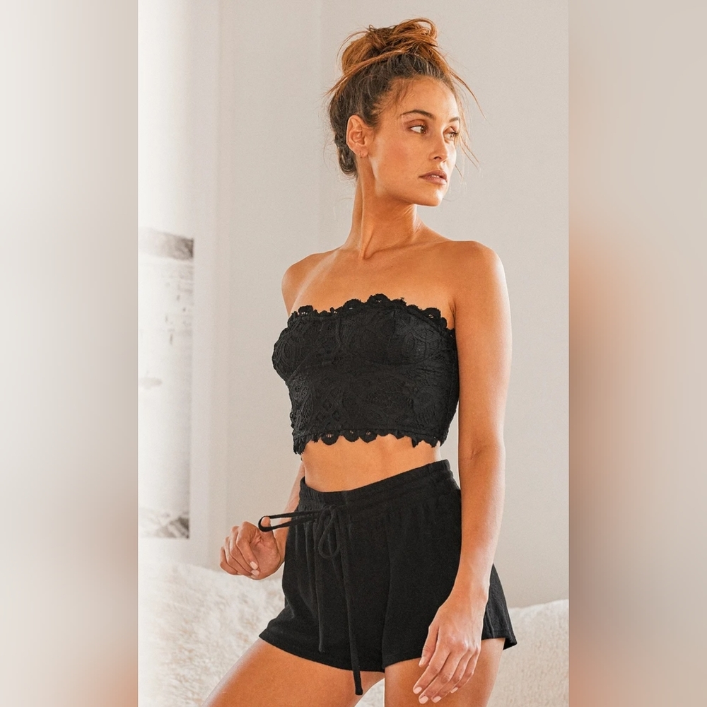 Free People Adella Black Lace Corset Bra Strapless Crop Top Size M Boho Chic